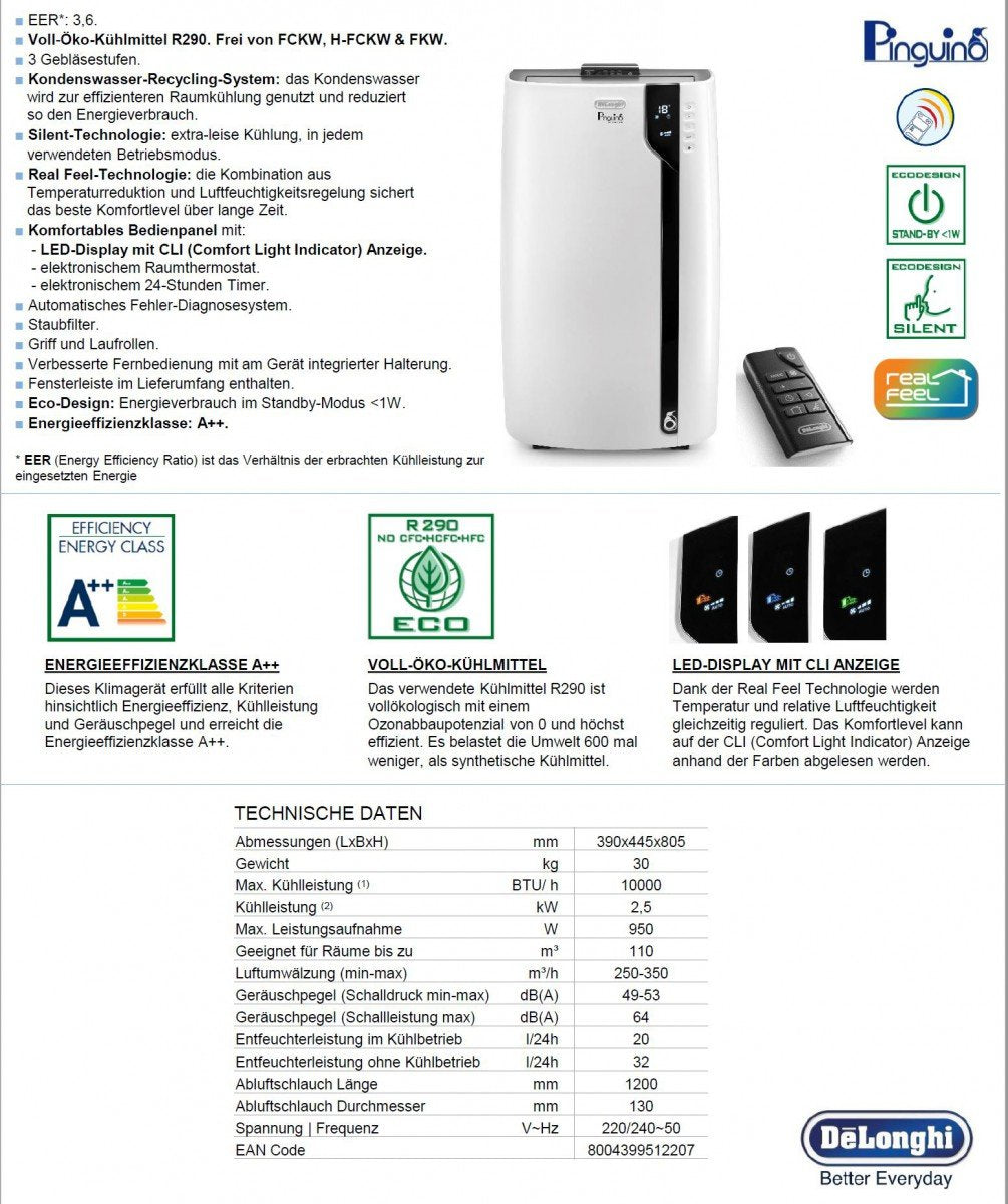 De’Longhi Pinguino PAC EX100 Silent Portable Air Conditioner | Quiet Cooling & Dehumidifier
