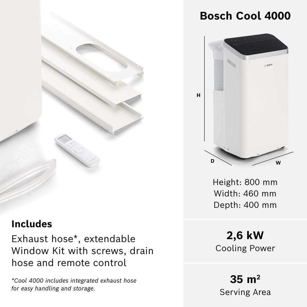 Bosch Portable Air Conditioner 9000 BTU | 3-in-1 Cooling, Fan & Dehumidifier