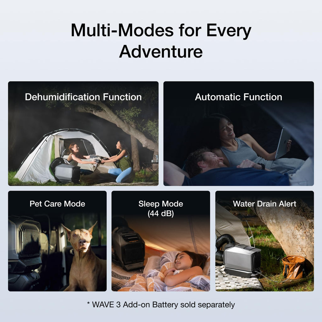 EcoFlow WAVE 3 portable air conditioner, 1800W/6100 BTU cooling, 2000W/6800 BTU heating, 1000W fast charging (75 mins), 8 hr wireless runtime, app control, ideal for camping, vanlife, RVs&SUVs