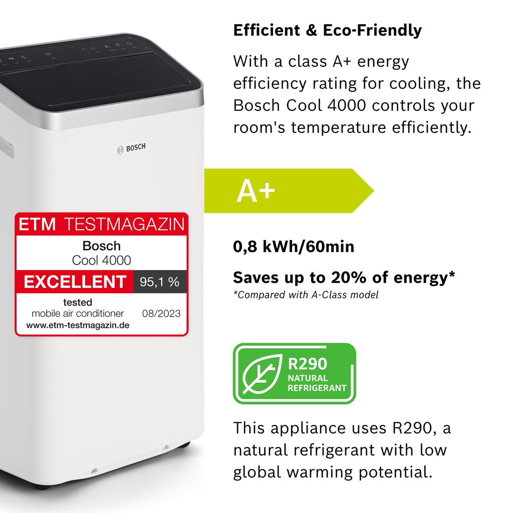 Bosch Portable Air Conditioner 9000 BTU | 3-in-1 Cooling, Fan & Dehumidifier