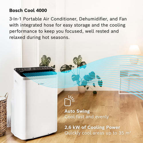 Bosch Portable Air Conditioner 9000 BTU | 3-in-1 Cooling, Fan & Dehumidifier