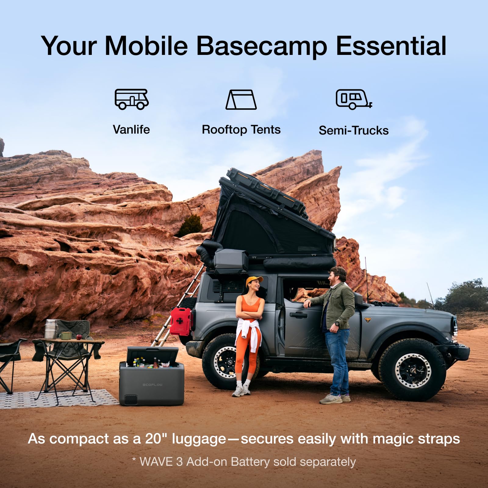 EcoFlow WAVE 3 portable air conditioner, 1800W/6100 BTU cooling, 2000W/6800 BTU heating, 1000W fast charging (75 mins), 8 hr wireless runtime, app control, ideal for camping, vanlife, RVs&SUVs